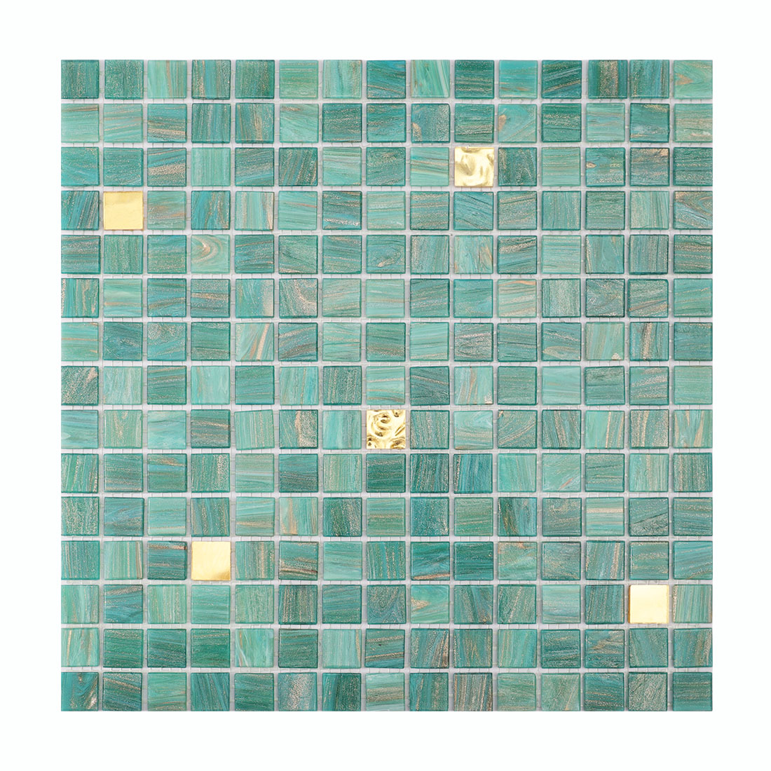 Full sheet of turquoise square glass mosaic tiles with scattered gold accents