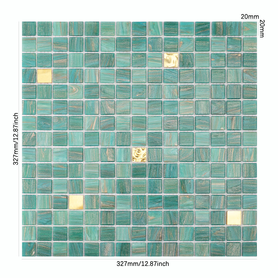 Turquoise square glass mosaic tile sheet with gold accents and size details