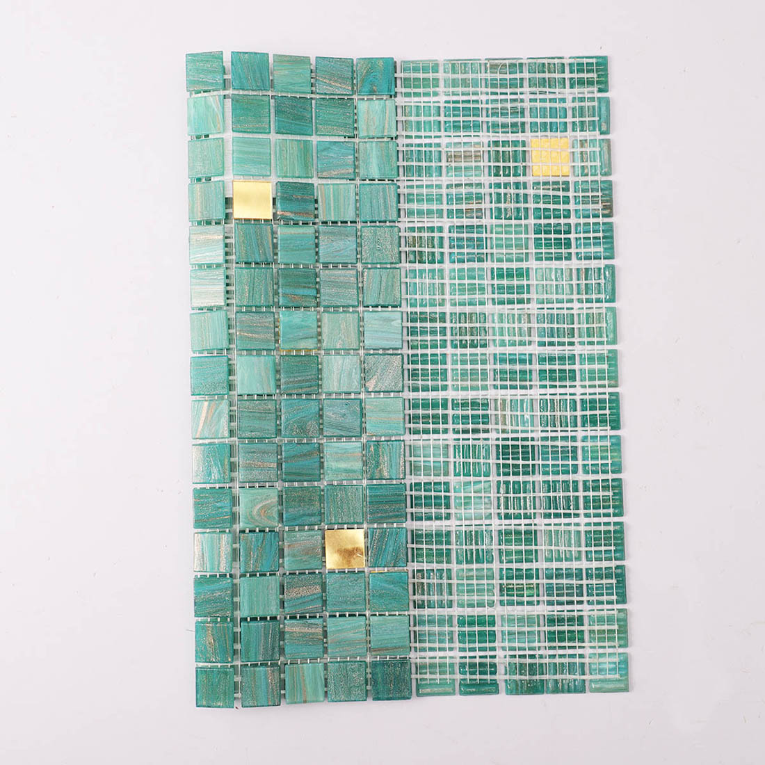 Turquoise square glass mosaic tile sheet showing fiber mesh backing
