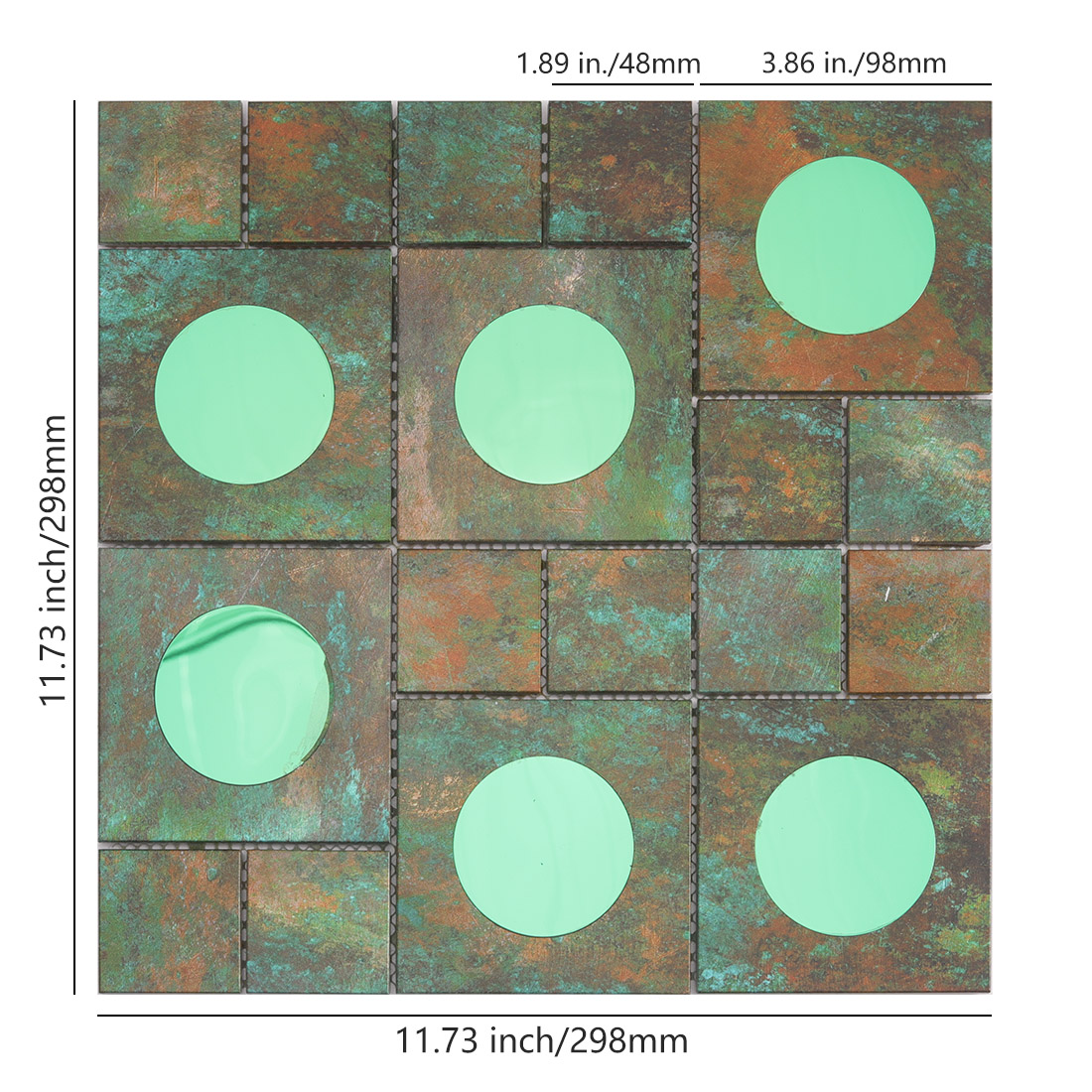 Verdigris green aluminum mosaic tile sheet with round mirror glass inserts