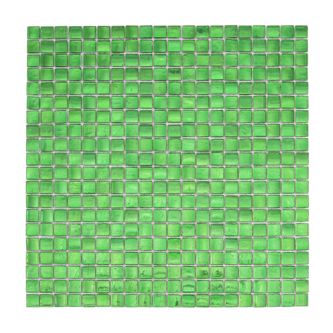 Full view of bright green glass mosaic tile sheet with uniform square grid pattern