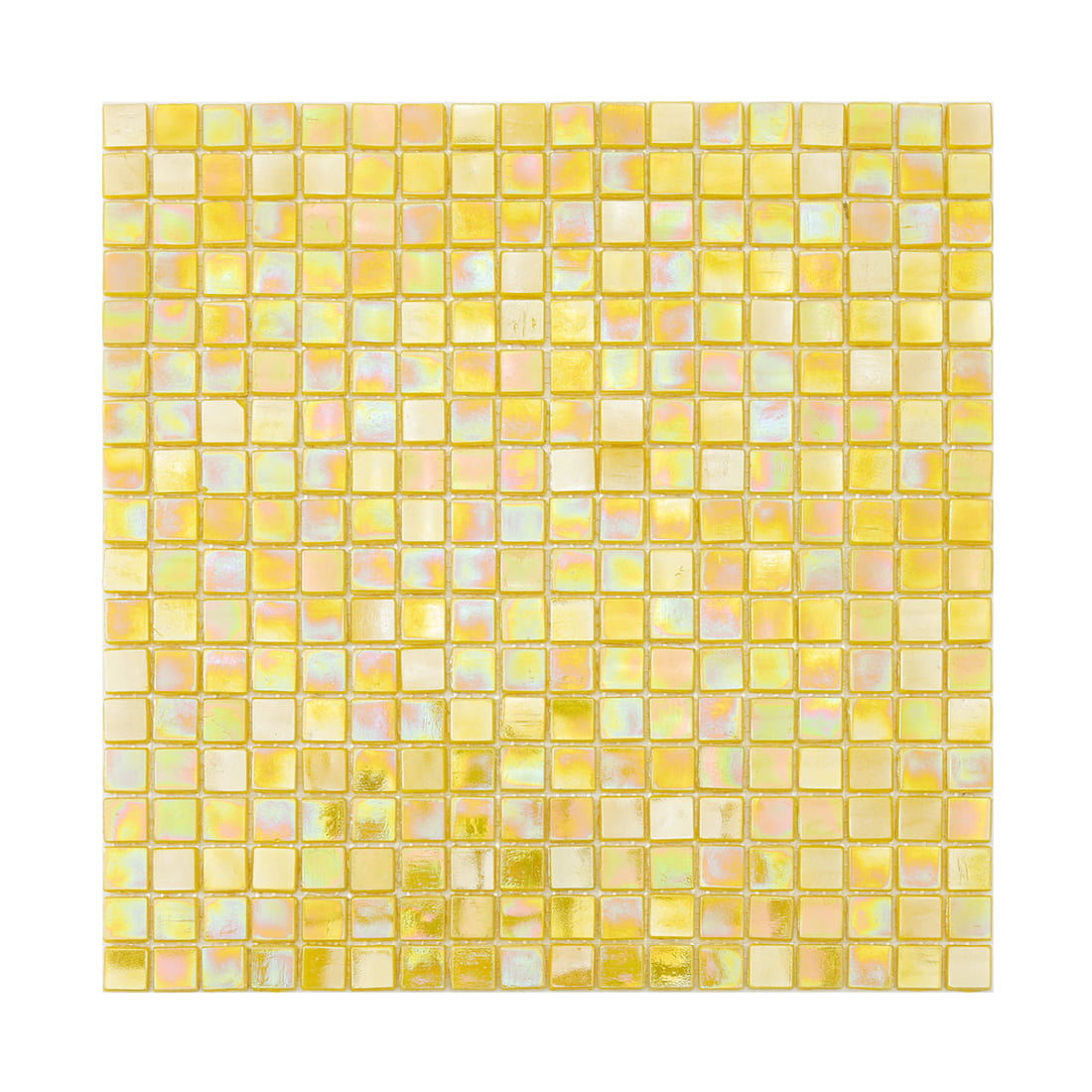 Warm light yellow iridescent square glass mosaic tiles with soft pearlescent rainbow sheen