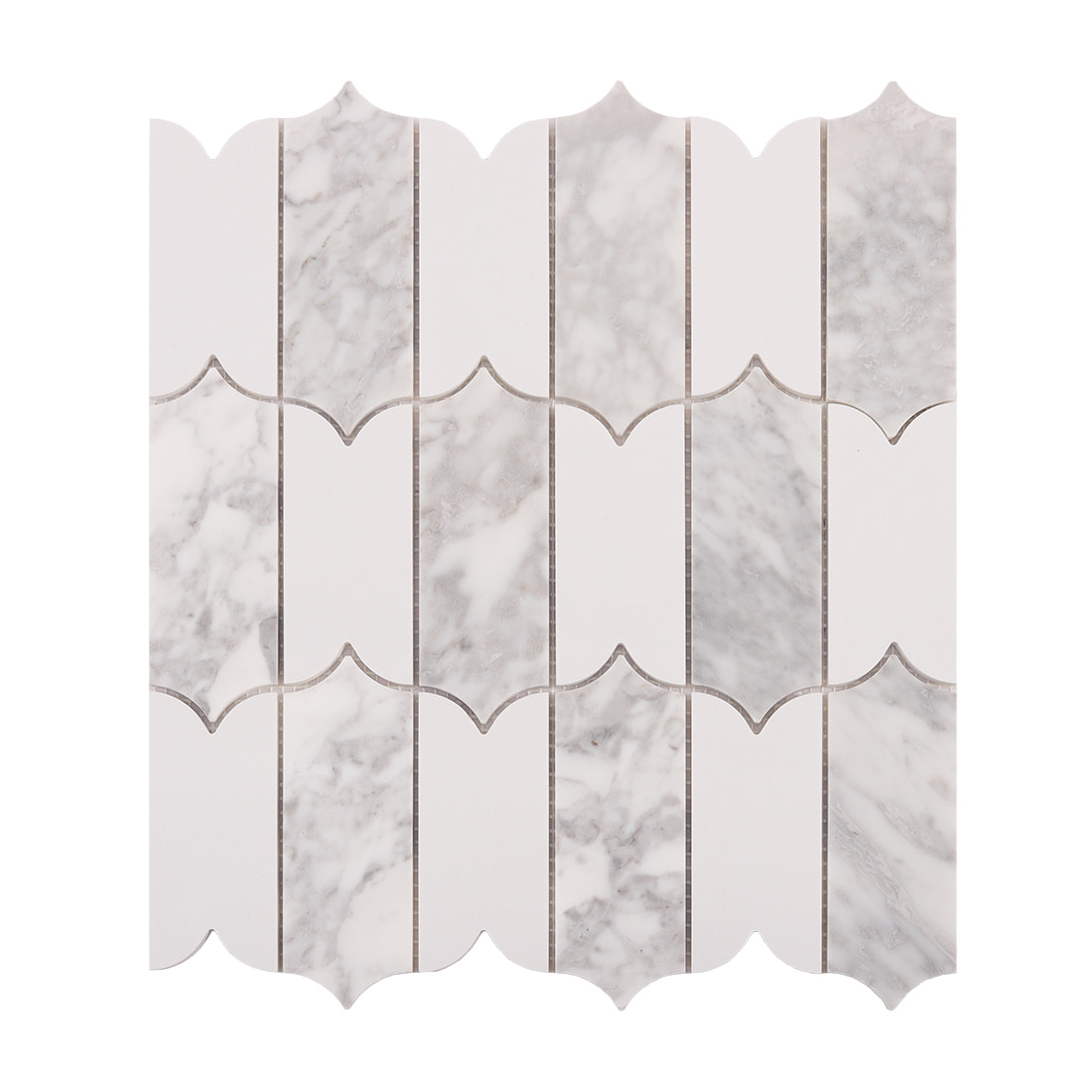 Full sheet of white and gray marble lantern mosaic tile pattern