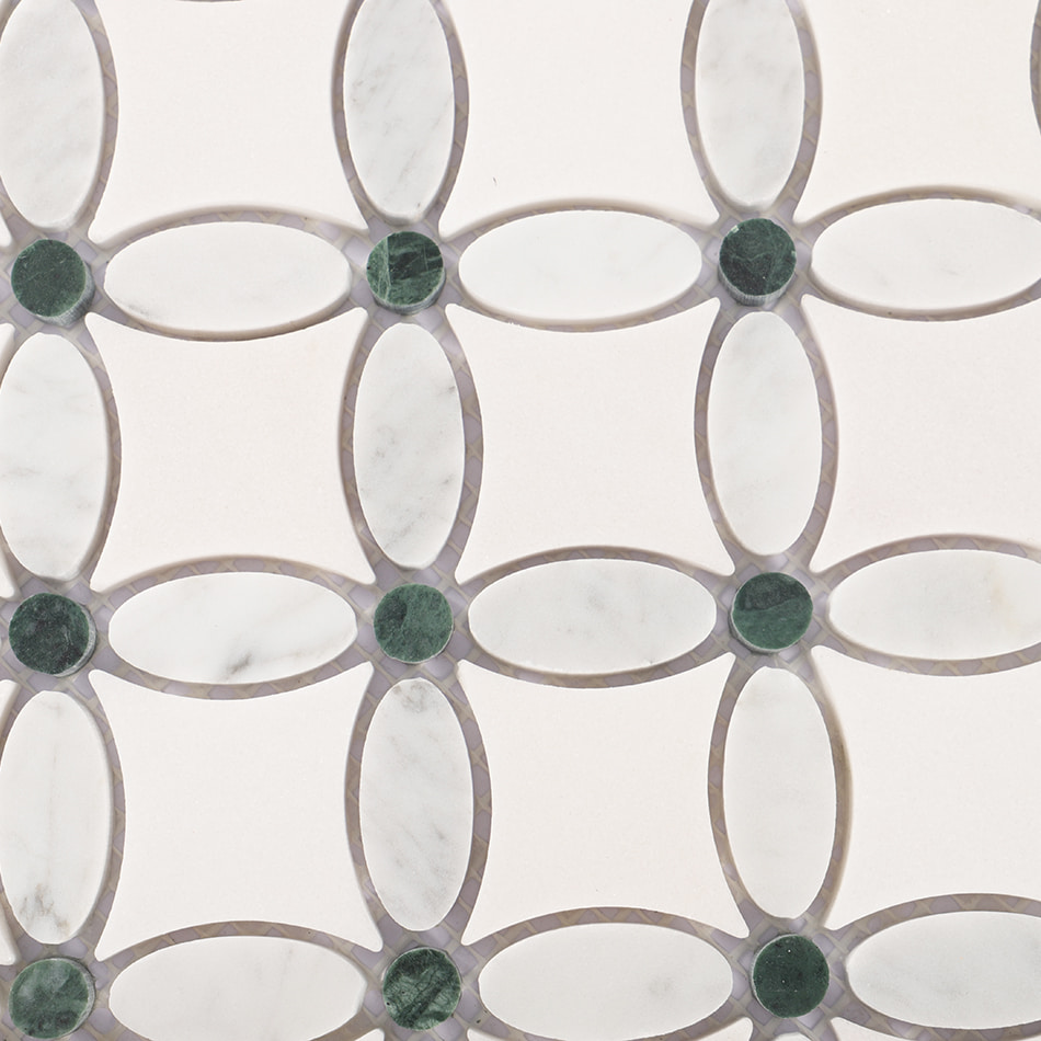 Close up of white and green clover marble mosaic showing stone texture