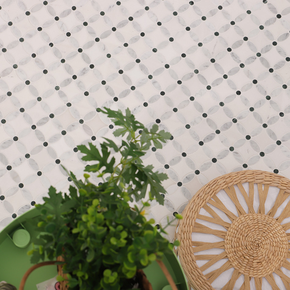 view of white and green clover marble mosaic tile floor