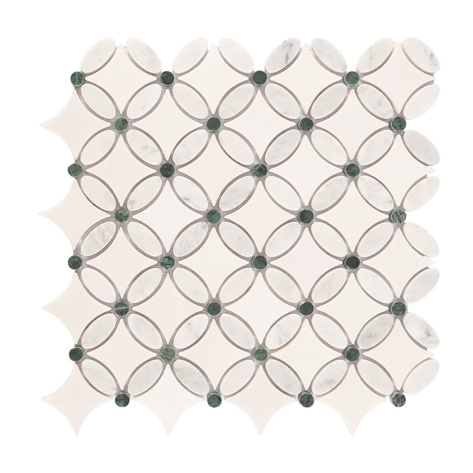 Front view of white and green clover marble mosaic tile sheet