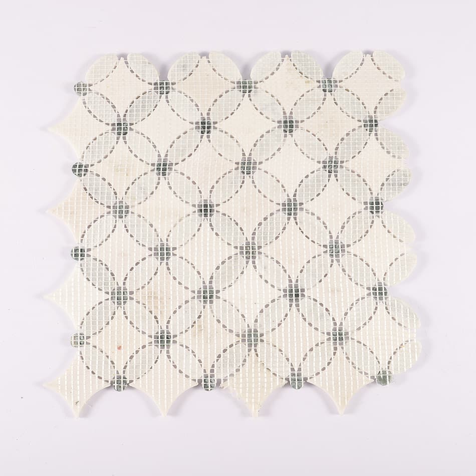 Back view of white and green clover marble mosaic with mesh backing