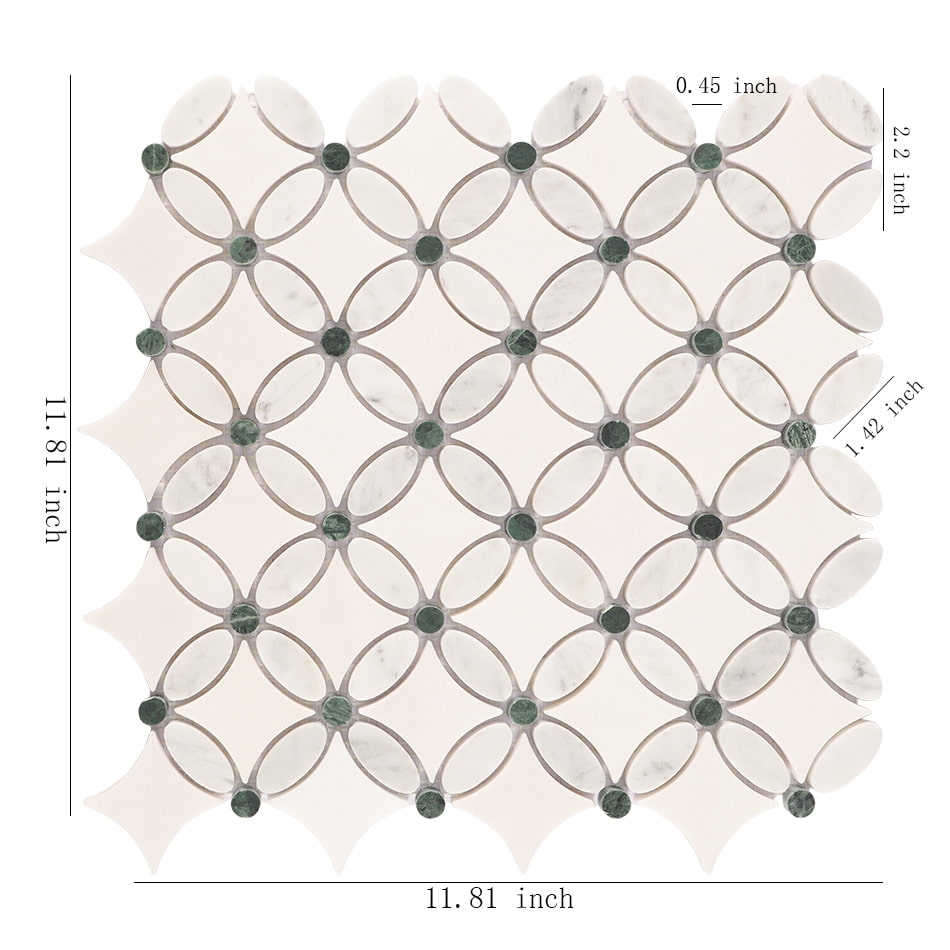 White and green clover marble mosaic tile sheet with size measurements