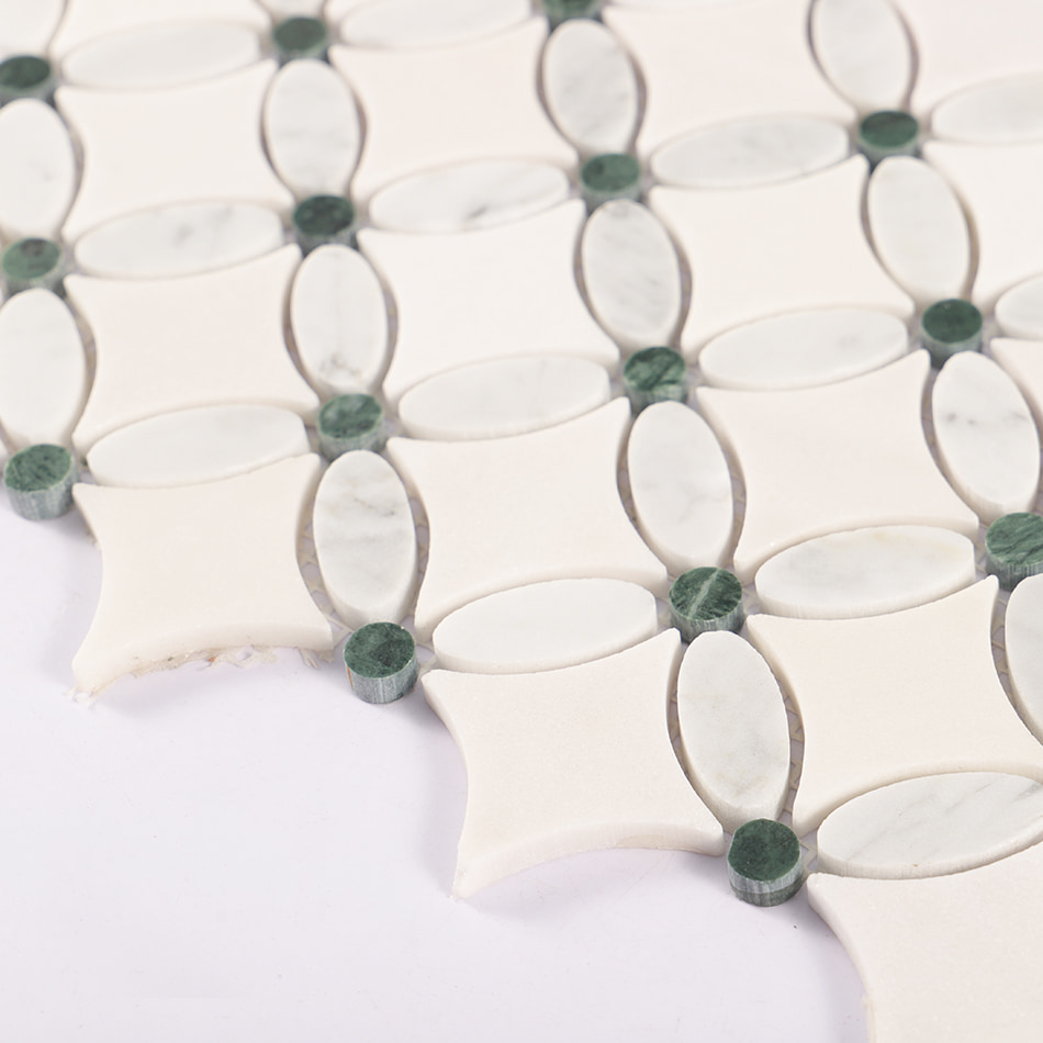 Side view showing thickness of white and green clover marble mosaic tile
