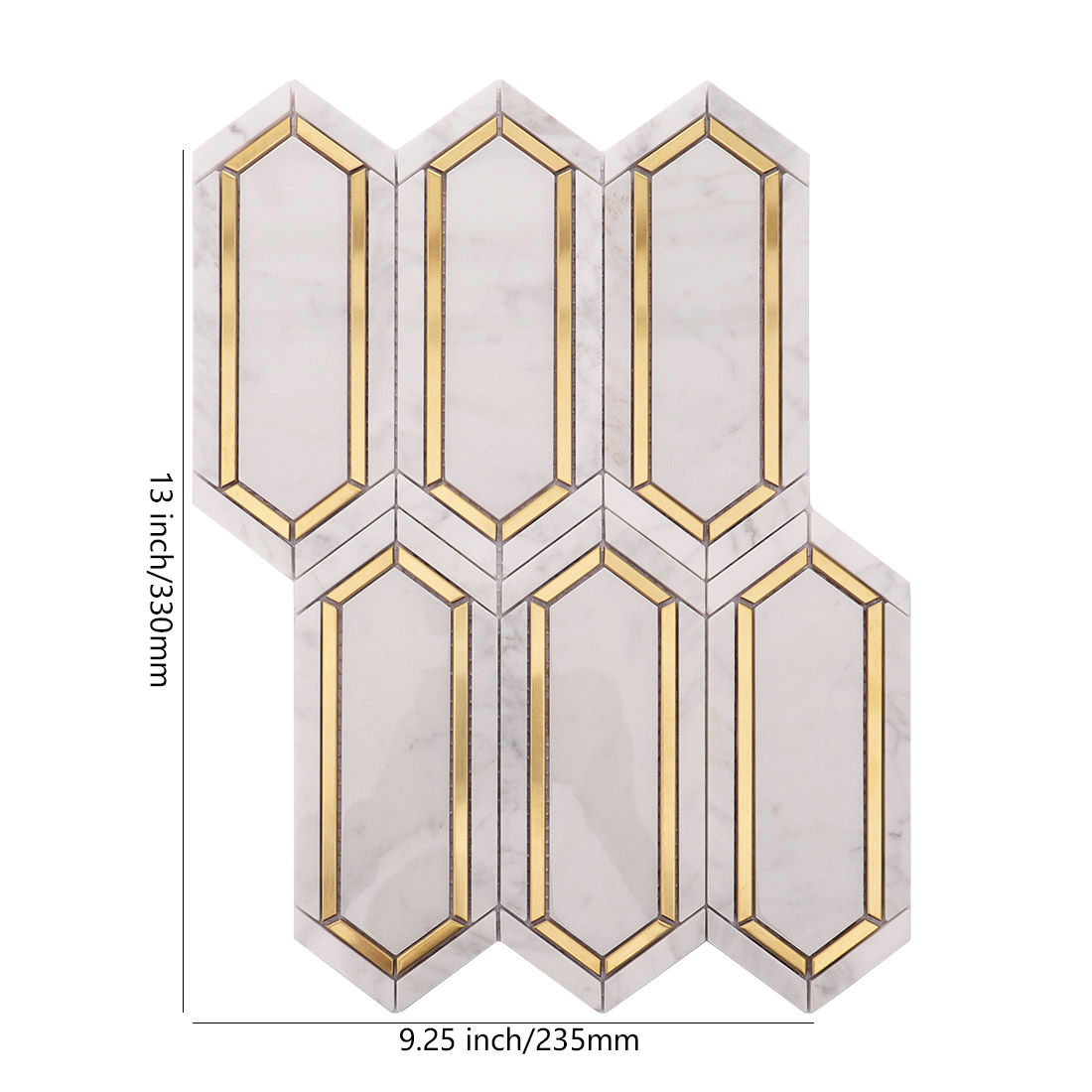 White gold elongated hexagon marble mosaic tile sheet with 9.25 x 13 inch dimensions