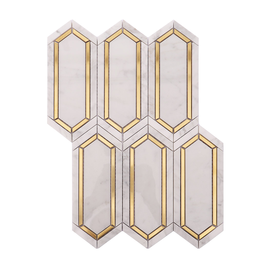White gold elongated hexagon marble mosaic tile sheet with gold metal accents