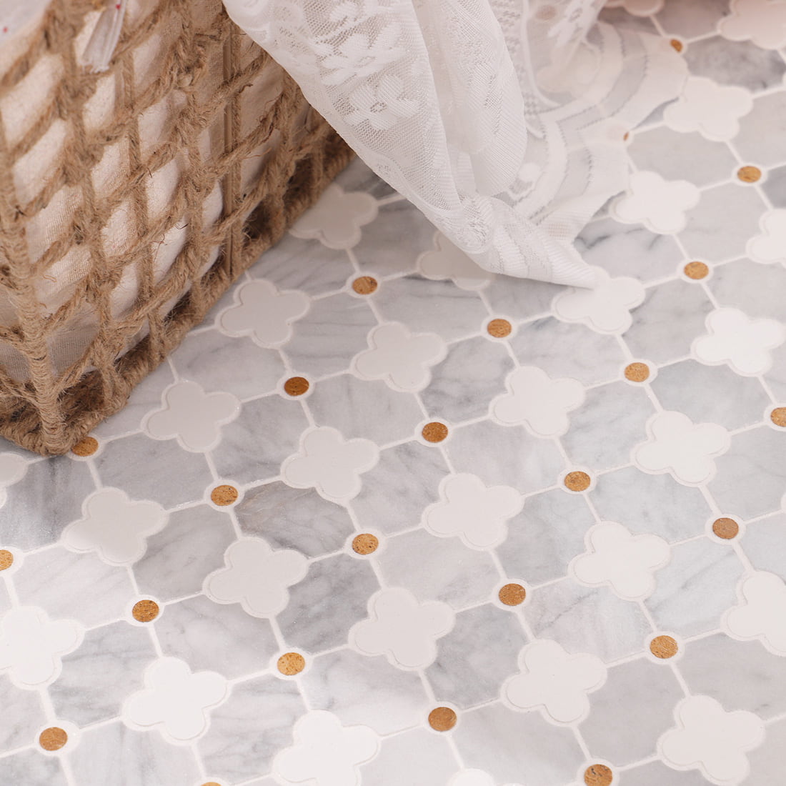 Back view of clover marble mosaic sheet with mesh backing