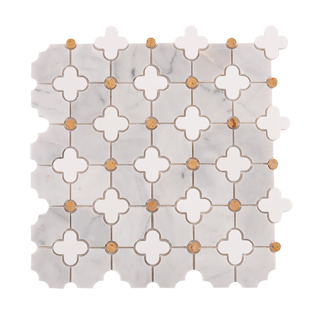 Front view of white gray marble mosaic with clover shapes and gold dot accents