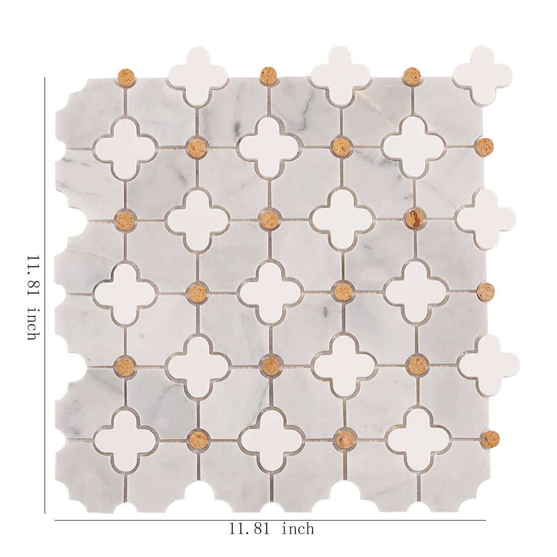 White gray marble mosaic sheet with clover insets and 11.81 inch size label