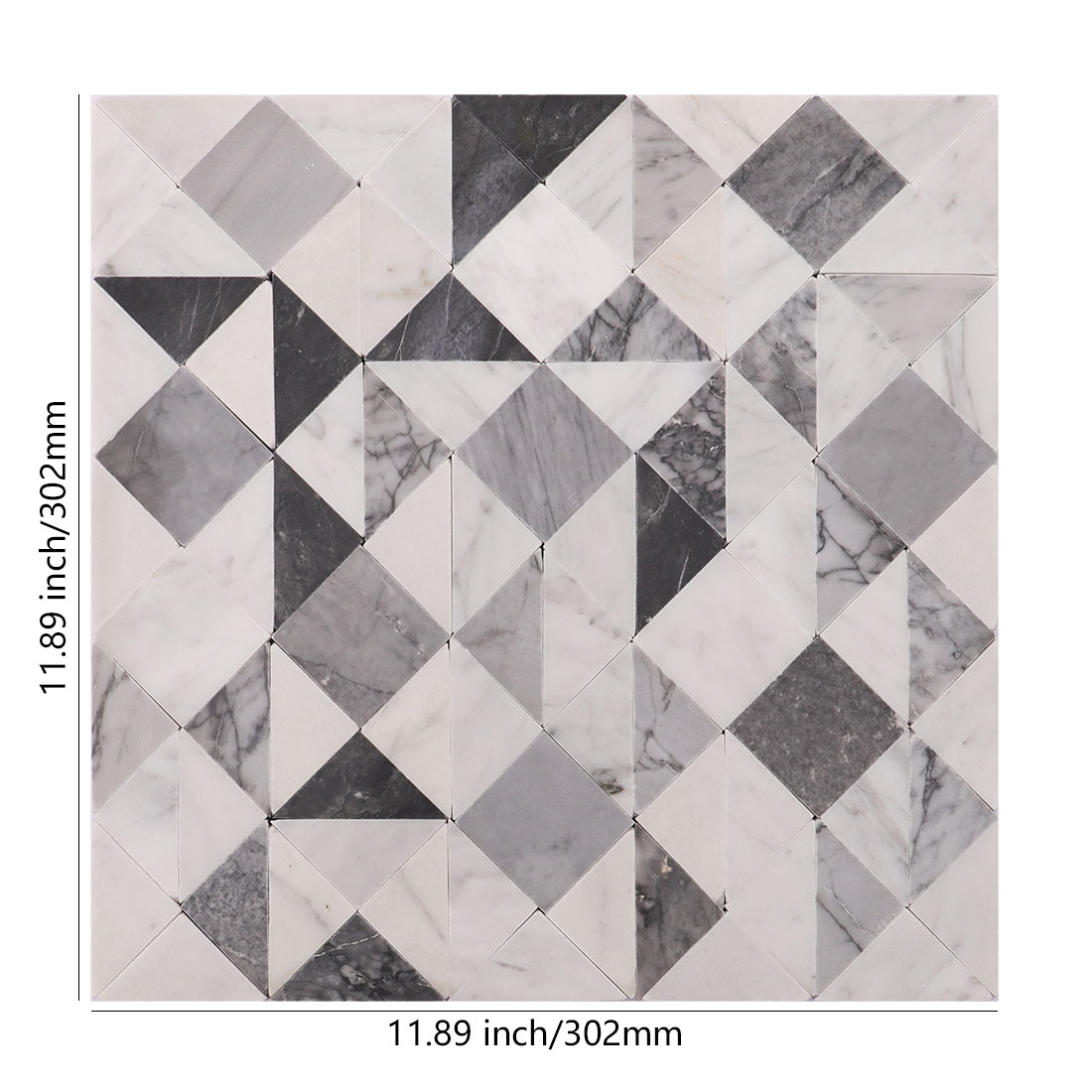 White gray geometric marble mosaic tile sheet with 11.89 x 11.89 inch dimensions