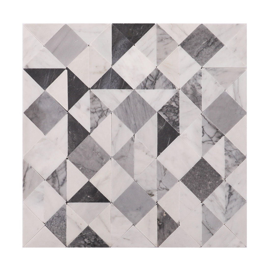 White gray geometric marble mosaic tile sheet with a modern pinwheel pattern