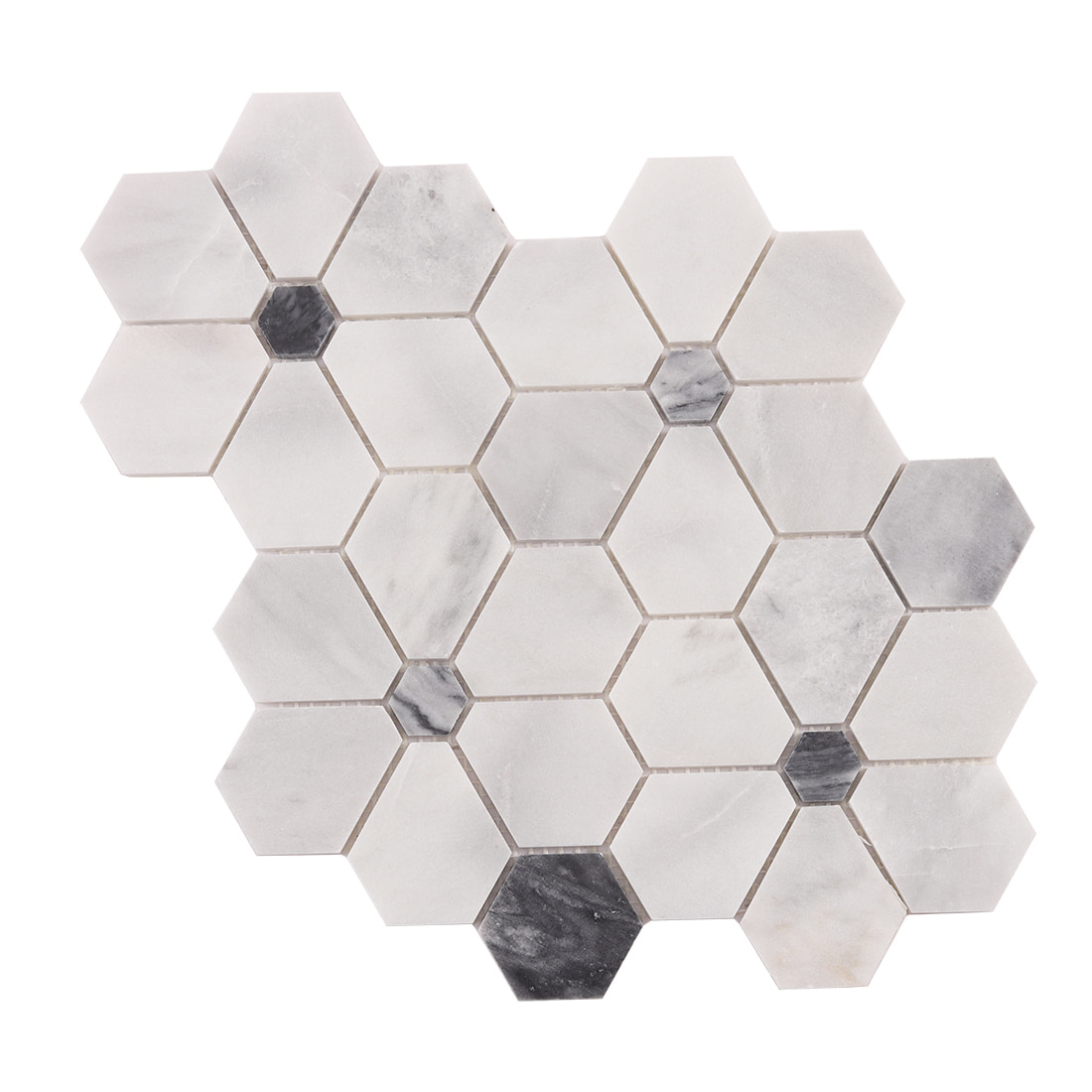 Full sheet of white hexagon marble mosaic with gray accent hexagons