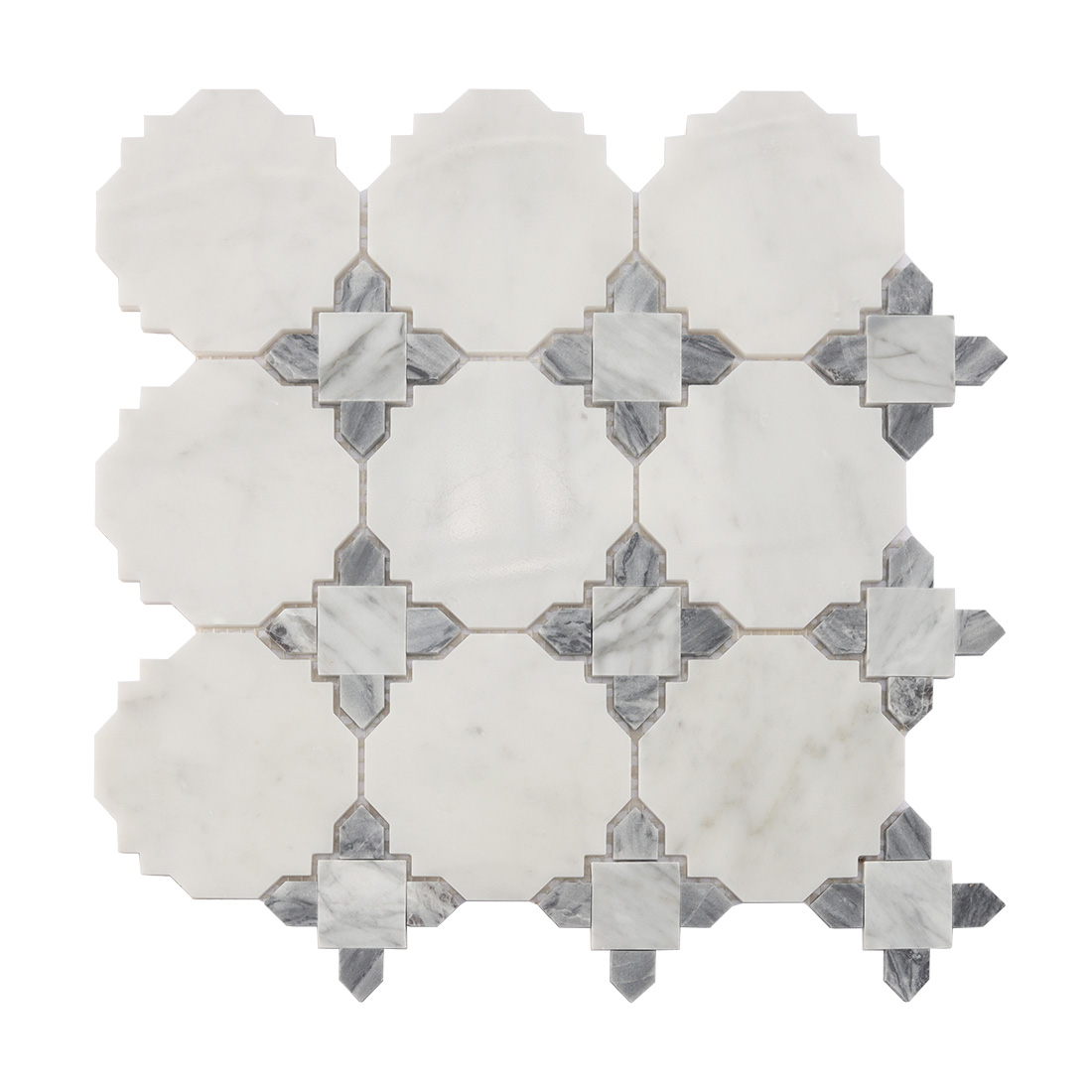White and gray octagon marble mosaic tile with square marble details