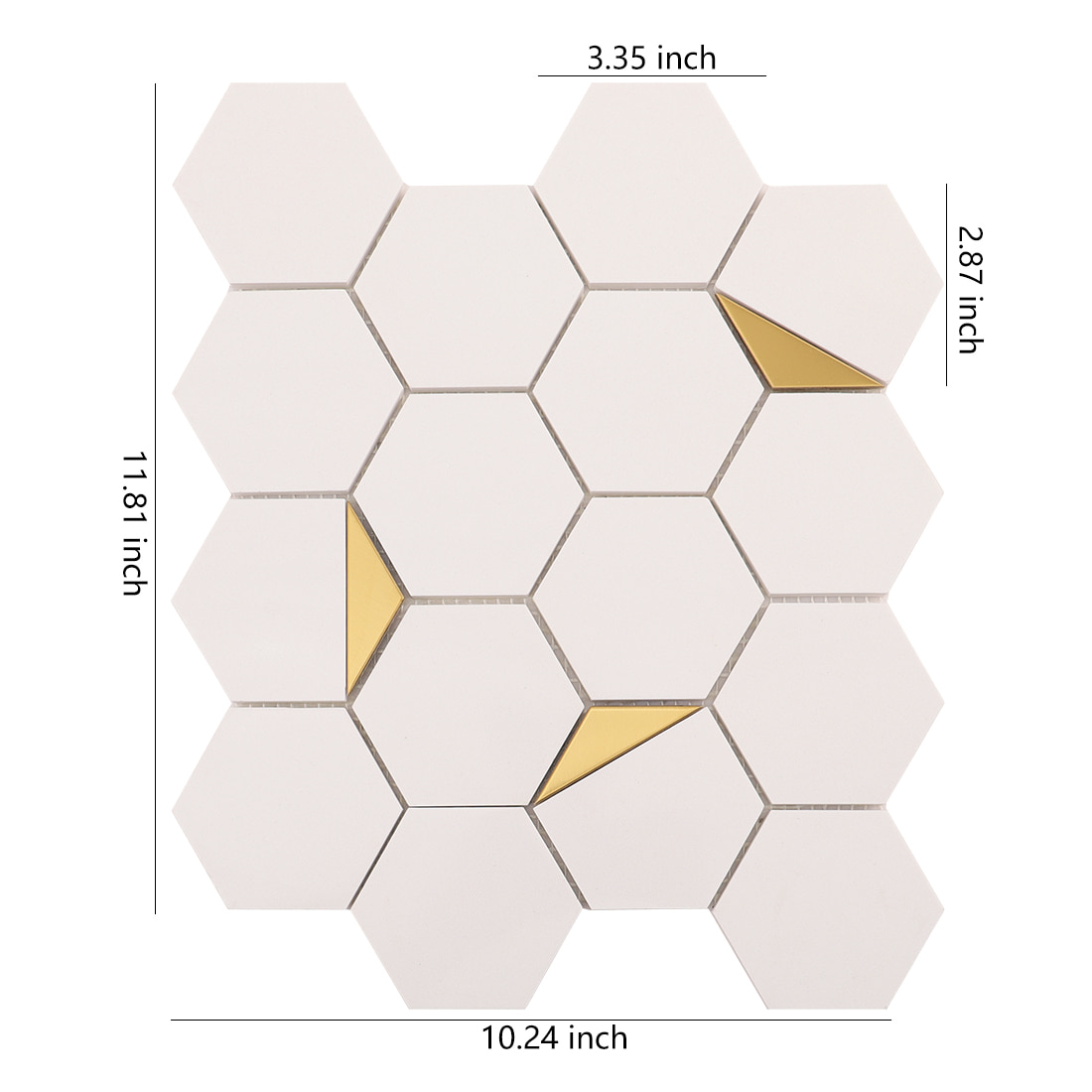 White hexagon mosaic sheet with gold triangle accents and size measurements