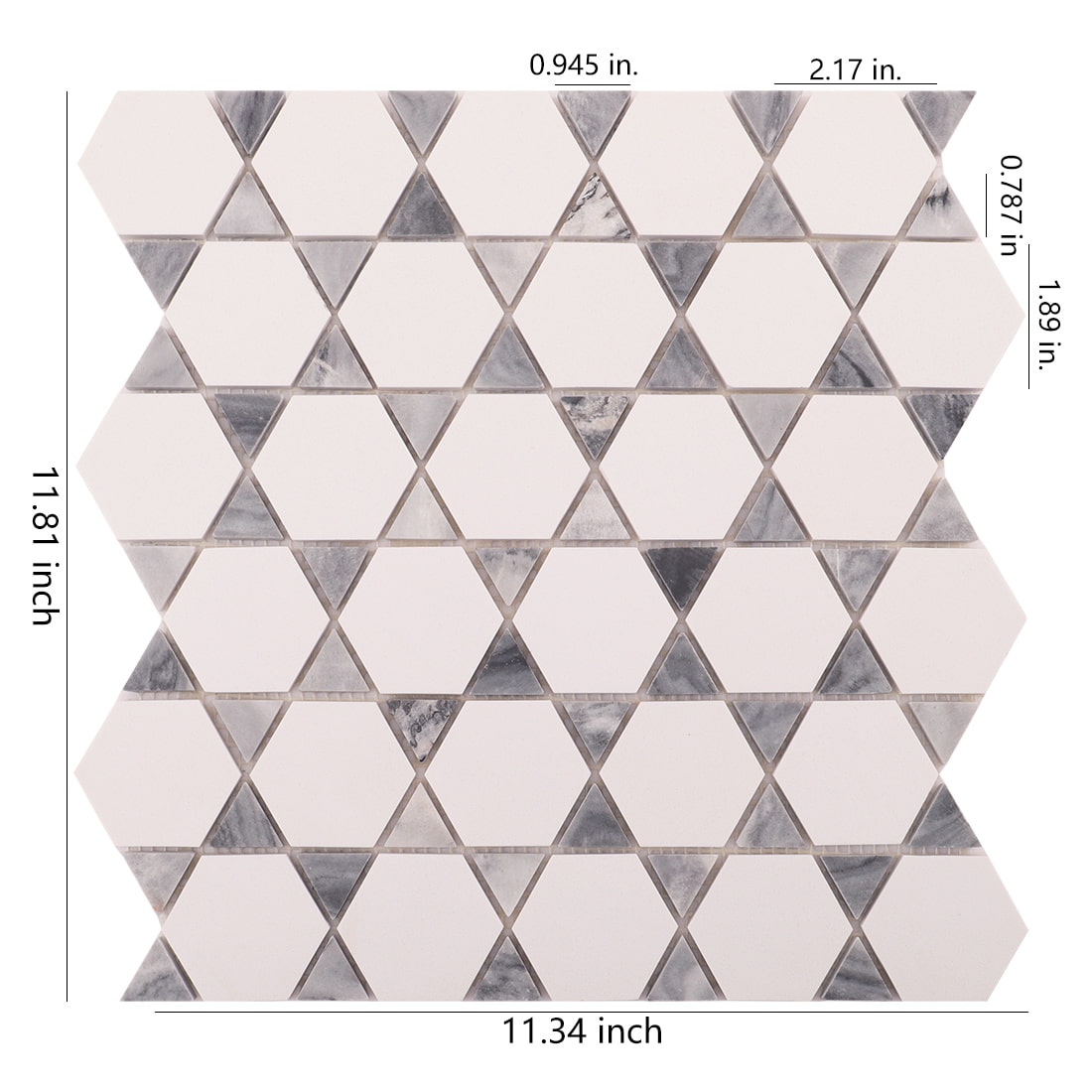 White hexagon marble mosaic sheet with triangle accents showing 11.81 x 11.34 inch size