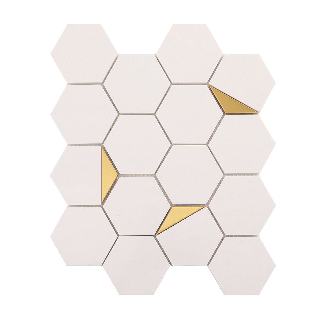 Front view of white hexagon mosaic sheet with gold triangle accents