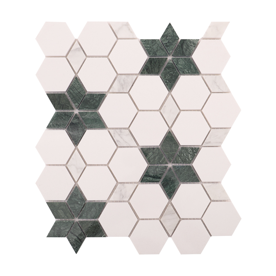 Top view of white hexagon mosaic sheet with green star inlay accents.