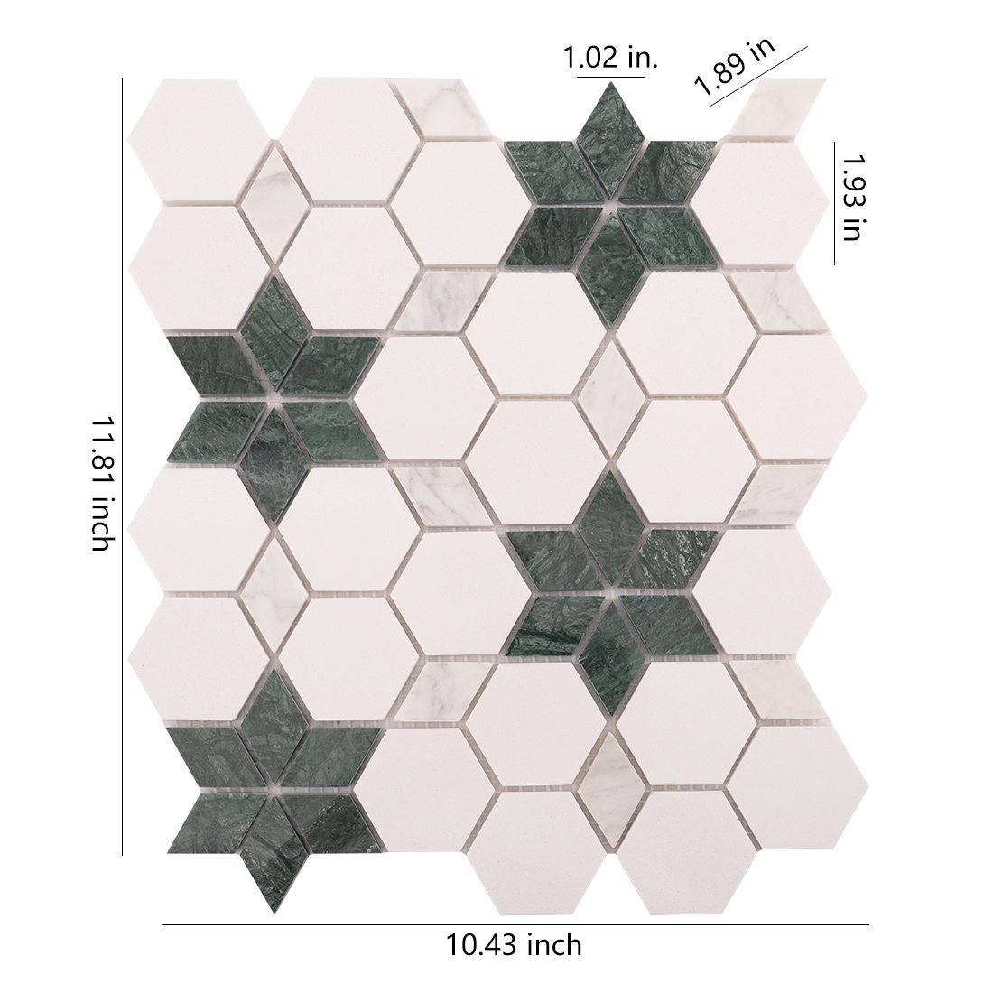 White hexagon mosaic with green star inlays and size labels on white background.