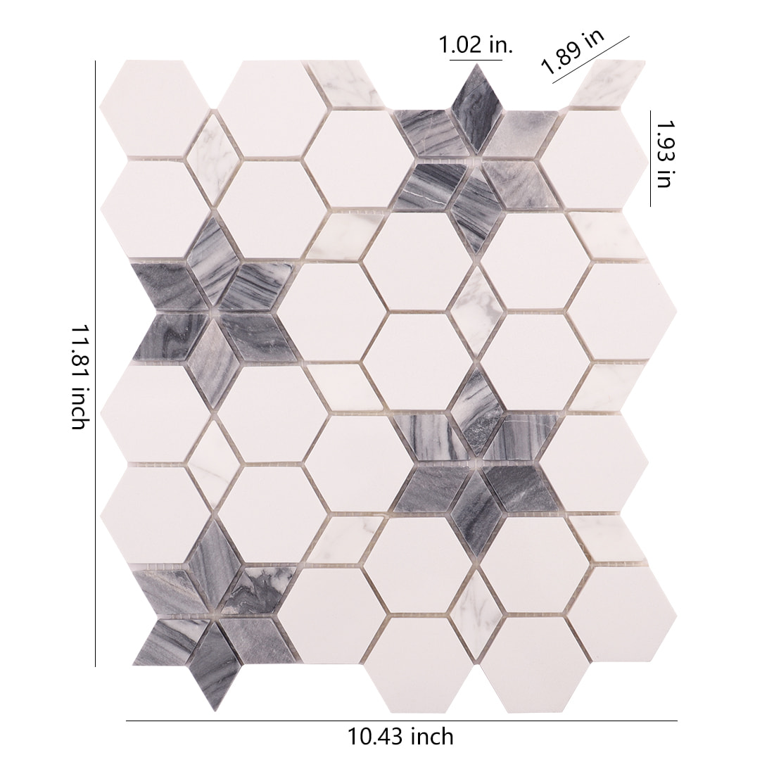 White hexagon mosaic with grey star inlays and size labels on white background.