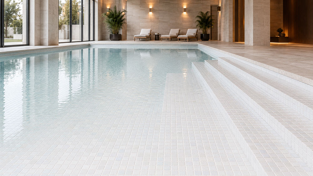 White iridescent glass mosaic tiles lining a luxury indoor pool and entry steps