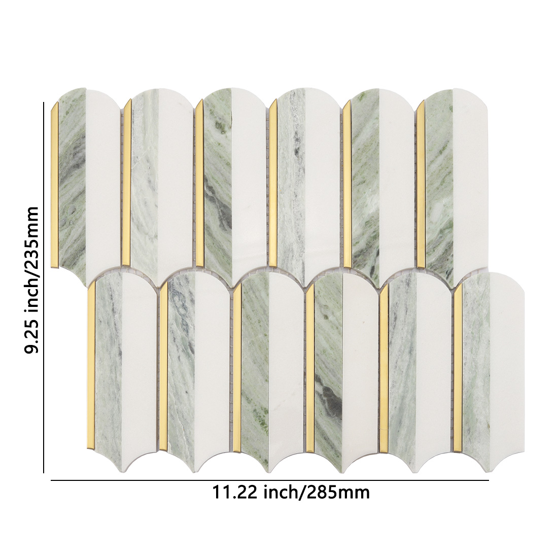 White and light green elongated marble mosaic sheet with gold metal strips