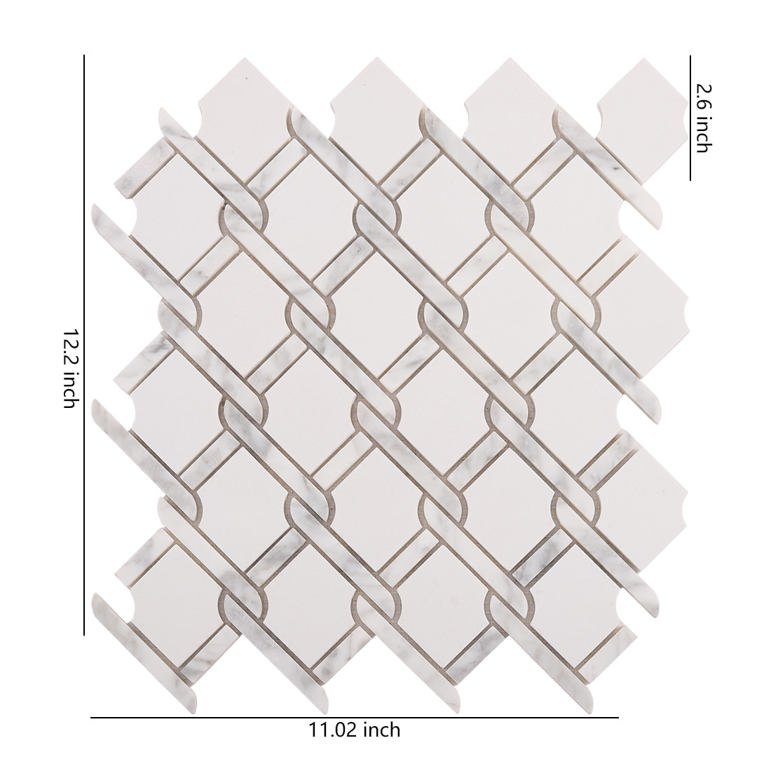 White marble chain link mosaic tile sheet with measurement labels
