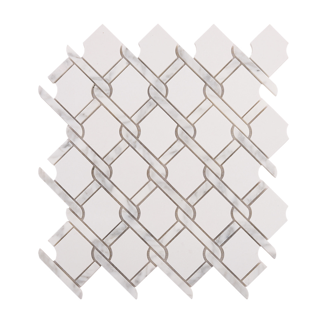 White marble chain link mosaic tile sheet on white background