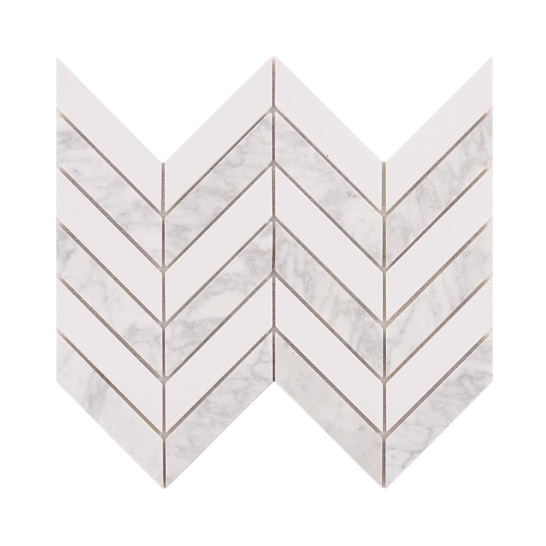 White marble chevron mosaic sheet with size measurements shown