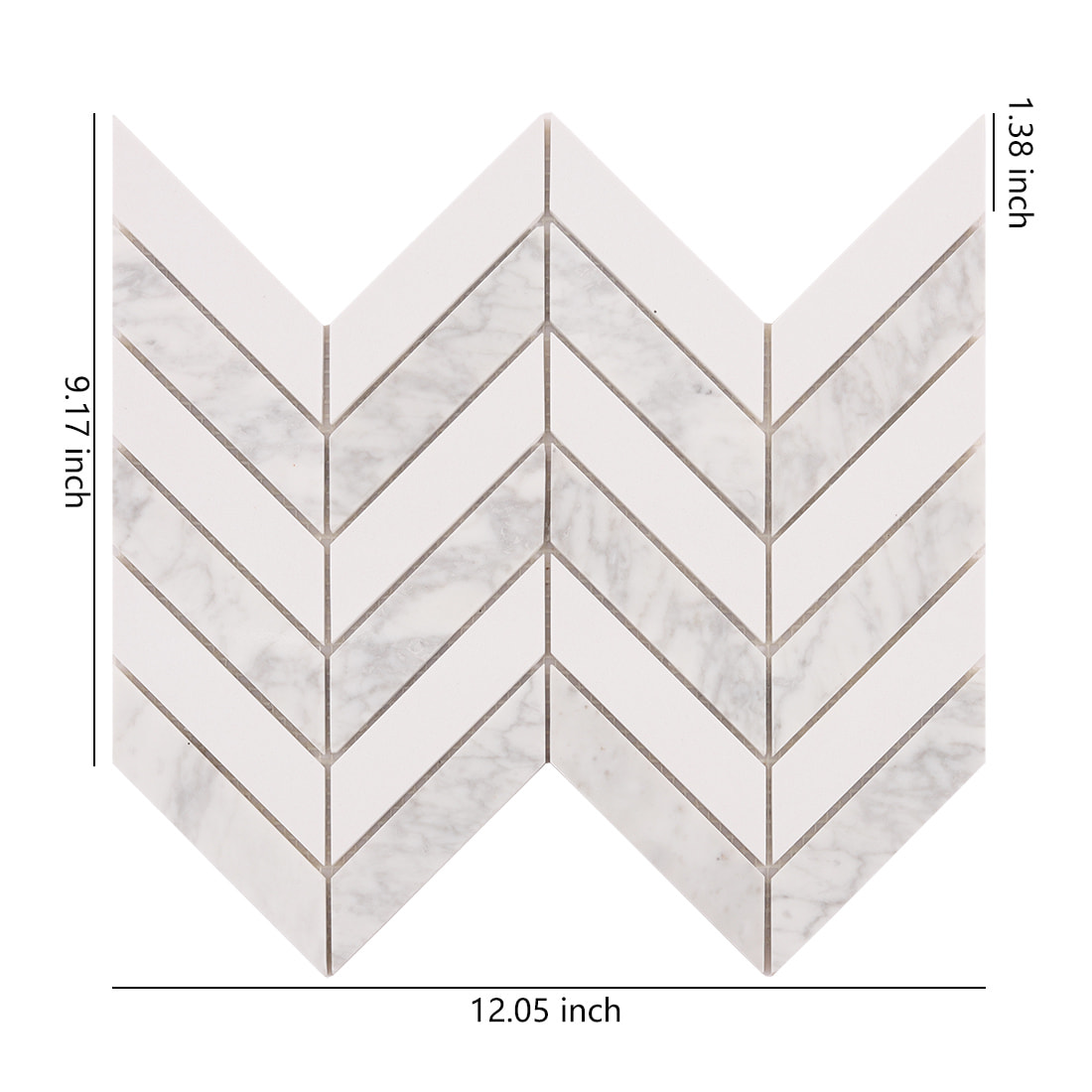 White marble chevron mosaic tile sheet on a clean background