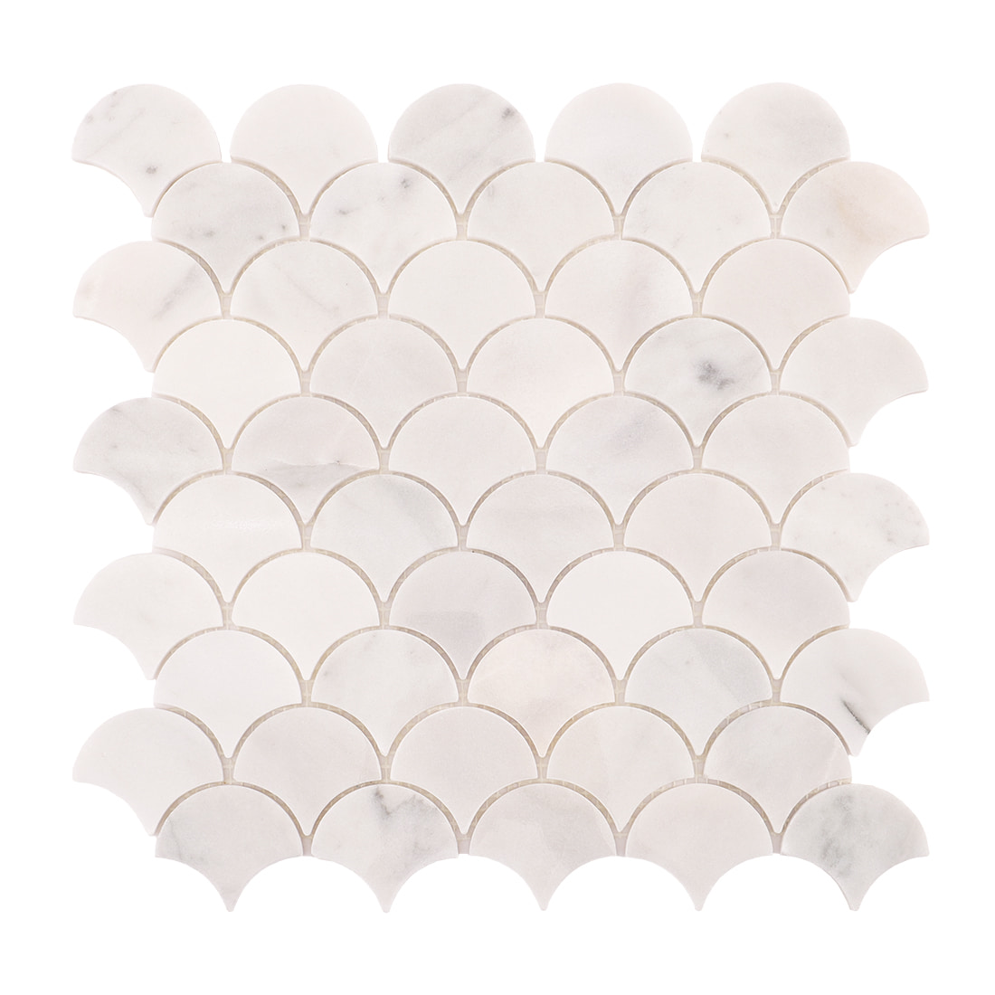 Front view of white marble fan scallop mosaic tile sheet with subtle gray veining