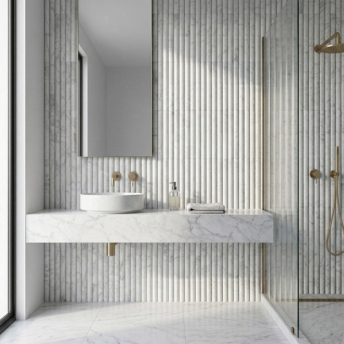 White marble half round tile on a modern bathroom vanity and shower wall