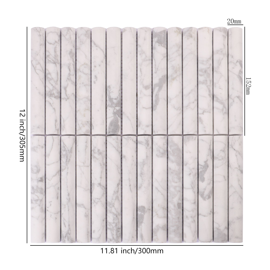 White marble half round tile with 20 x 152 mm chips and sheet dimensions