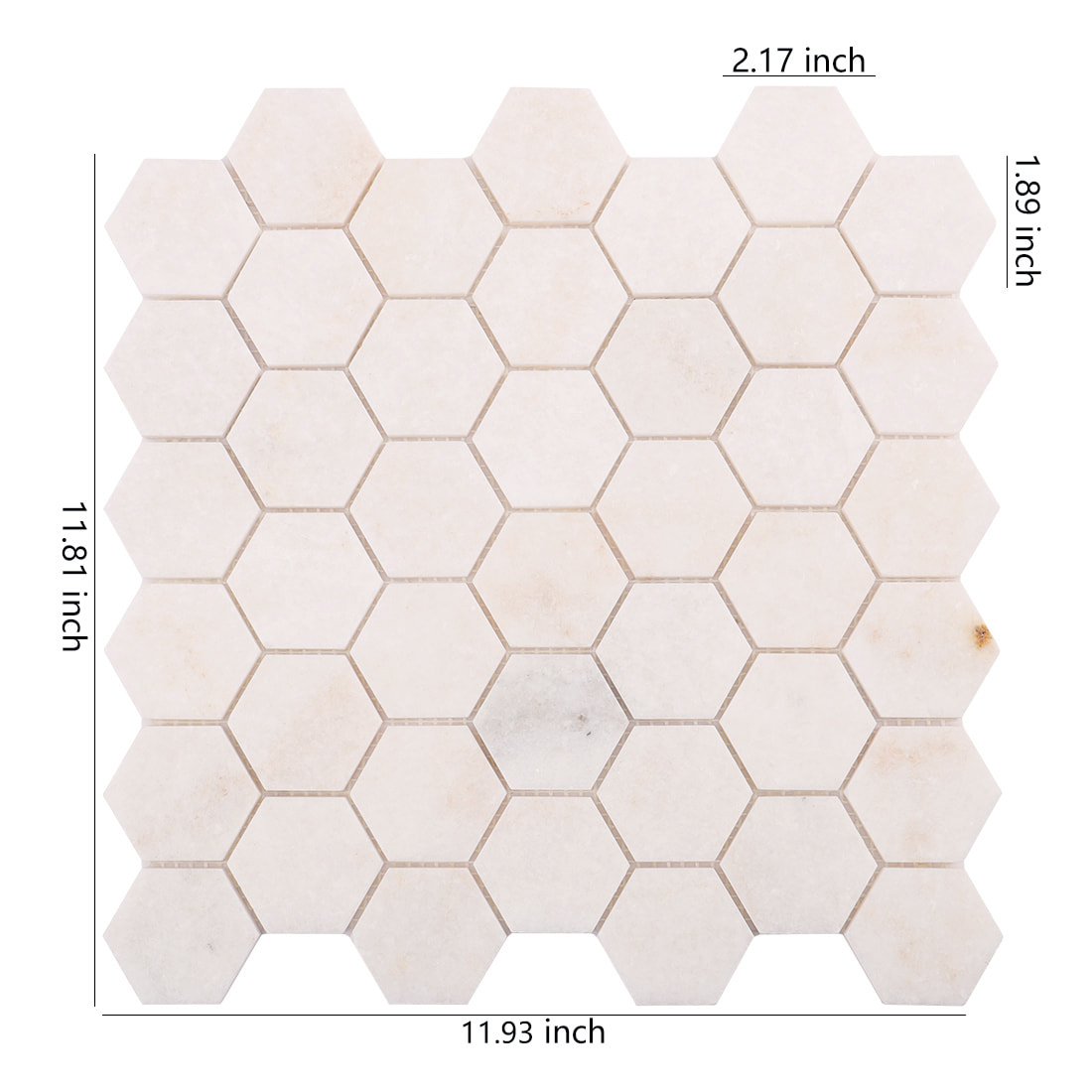 White marble hexagon mosaic sheet with size labels on a white background.