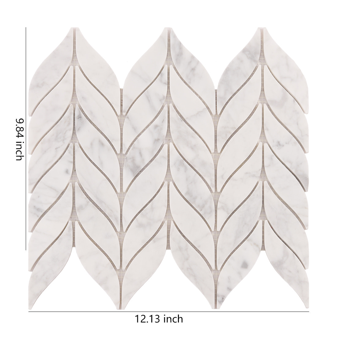 White marble leaf mosaic tile sheet with 12.13 x 9.84 inch dimensions
