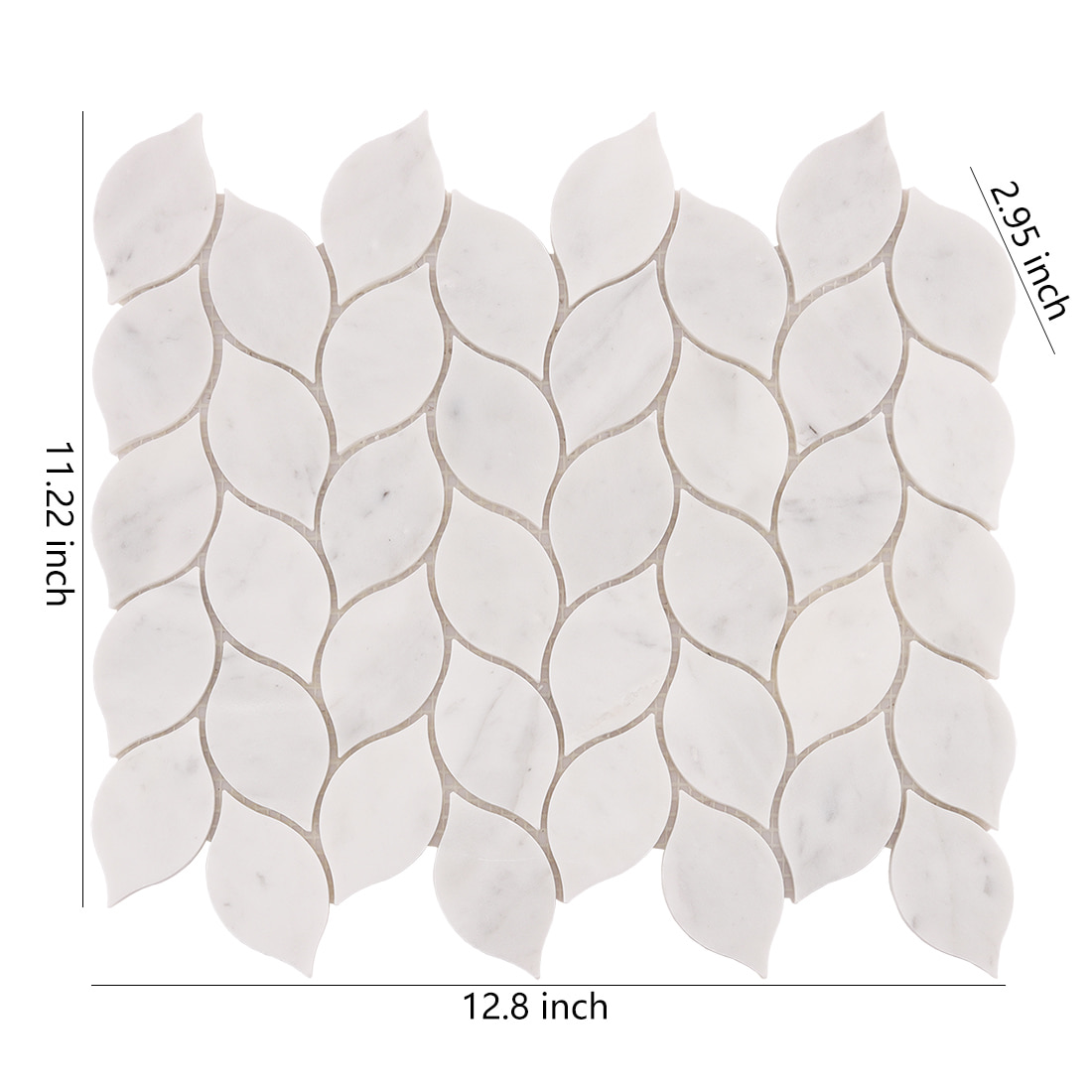 White marble leaf mosaic tile sheet with size dimensions shown