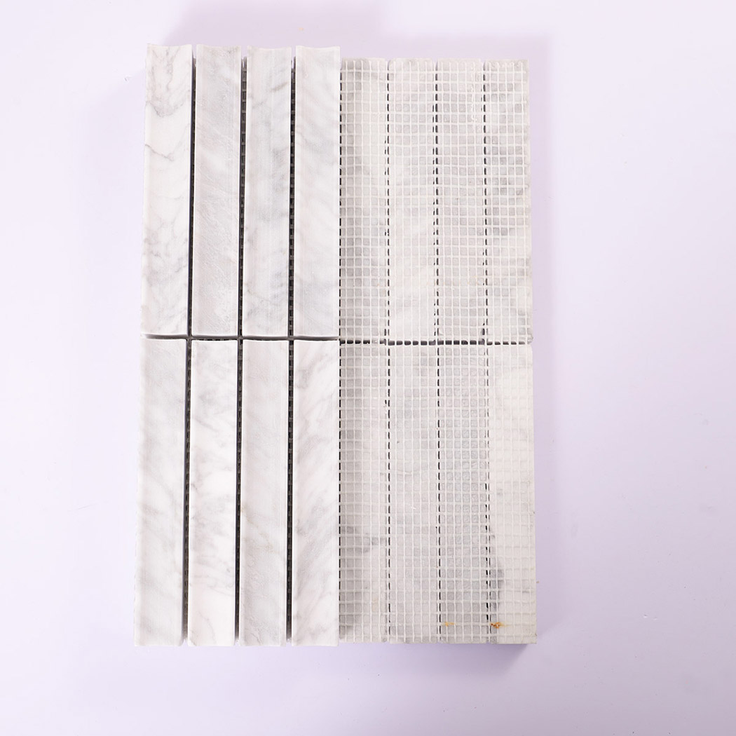 Front and mesh backing view of white marble linear mosaic tile sheets