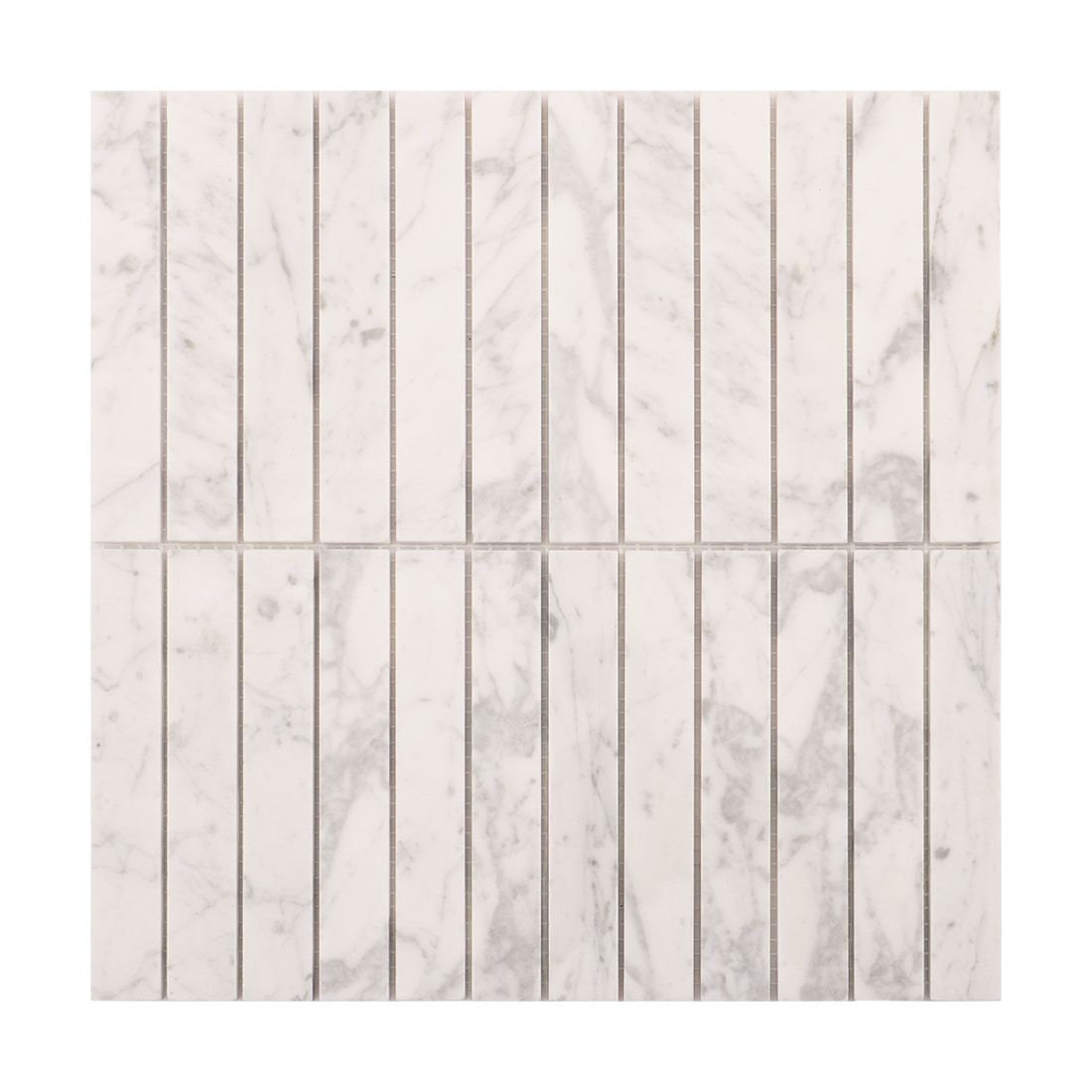 Front view of white marble linear mosaic tile sheet