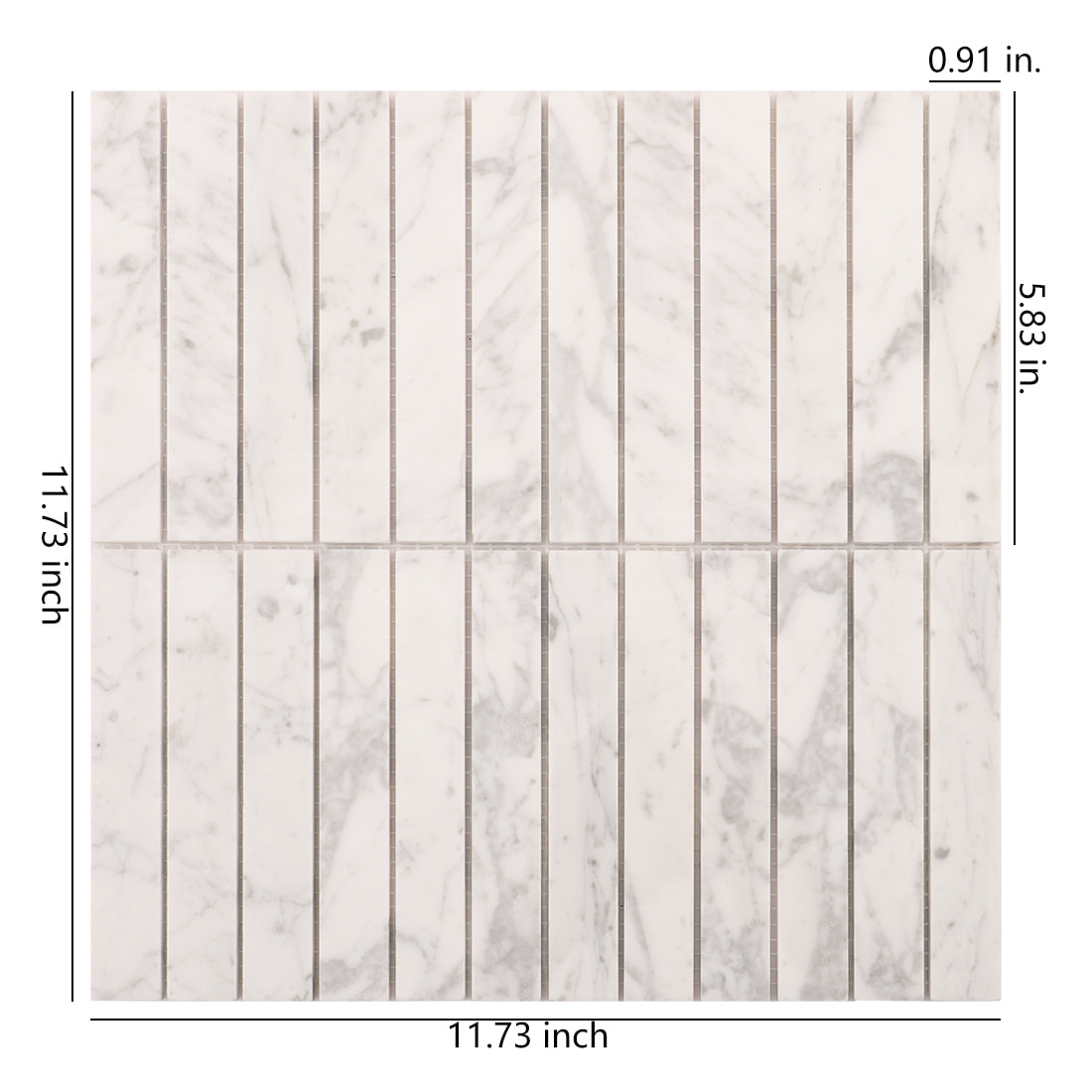 White marble linear mosaic tile sheet with size measurements