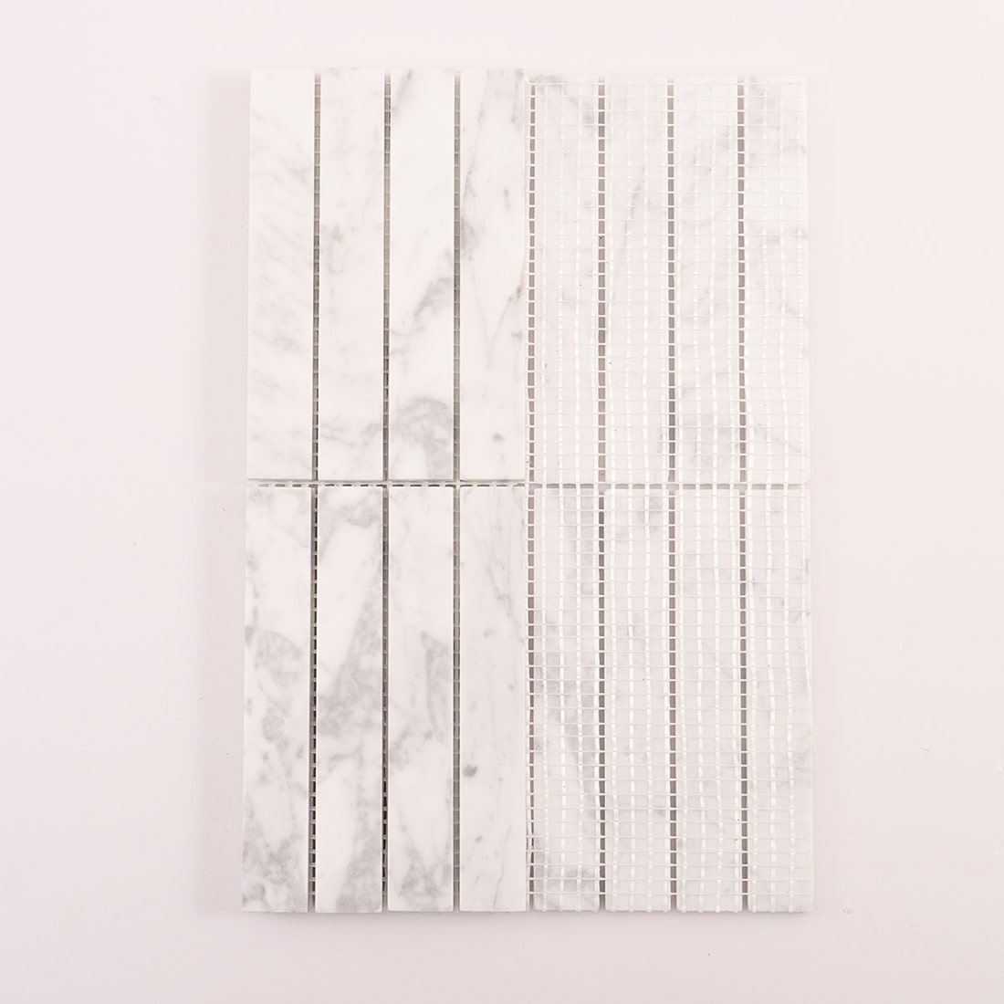 Tile sheet showing white marble linear mosaic front and mesh backing