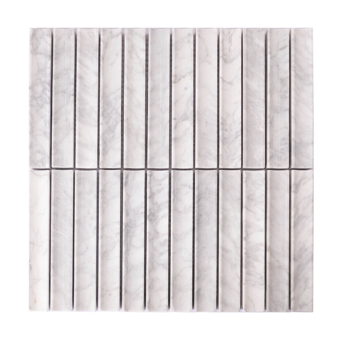White marble long rectangle mosaic tile sheet with soft gray natural veining