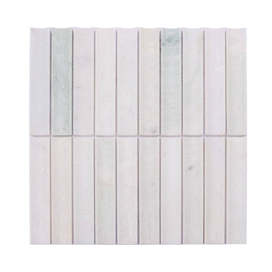 Full sheet of white marble long strip mosaic tiles with subtle green tones