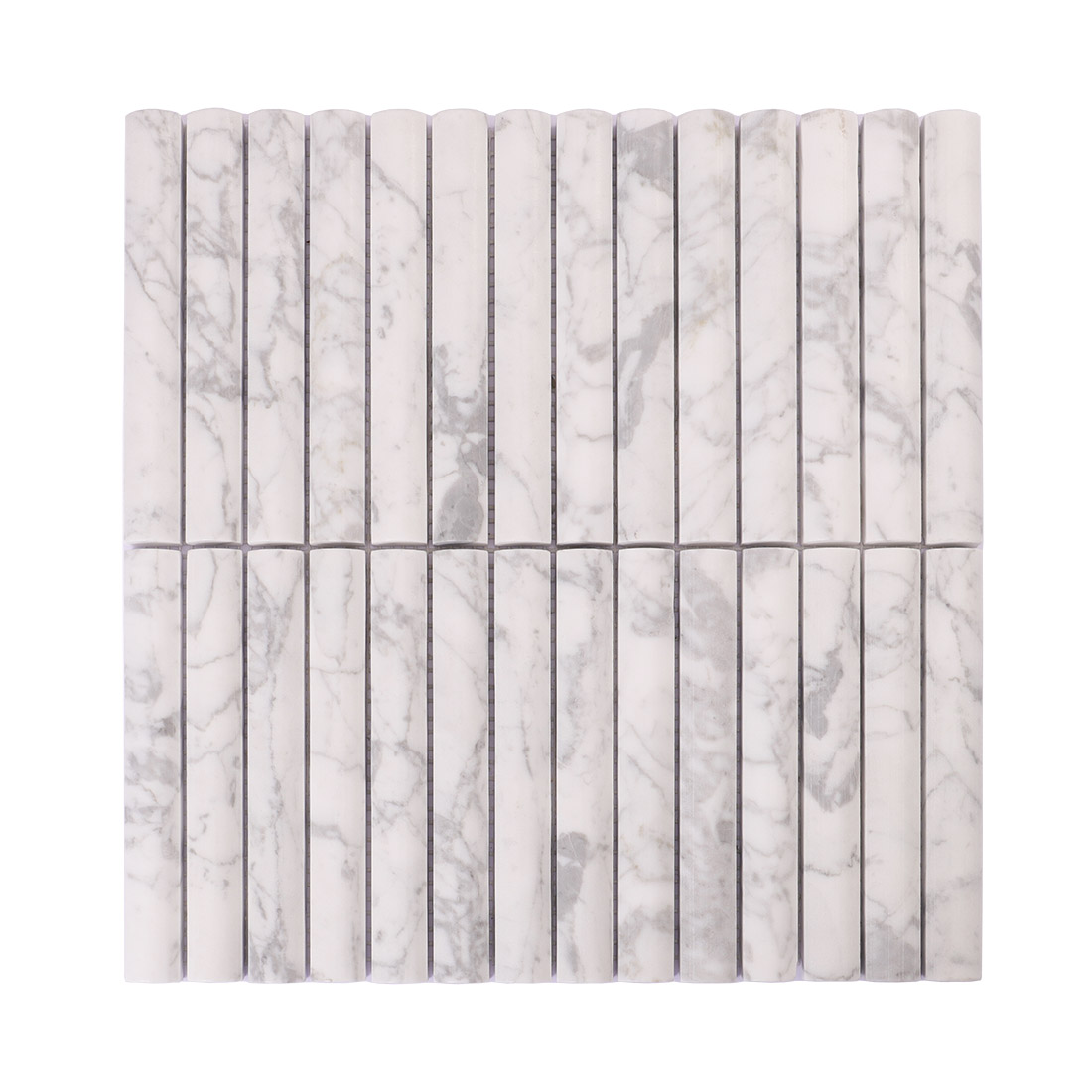 White marble half round mosaic sheet with soft gray natural veining