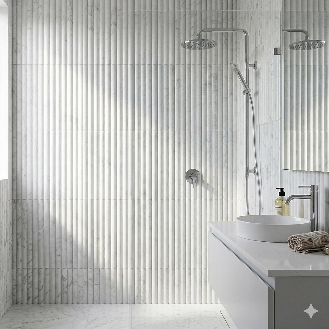 White marble half round wall tile installed in a bright modern shower