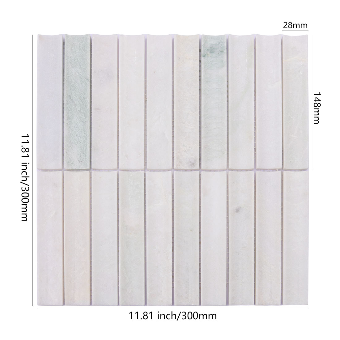 White marble vertical strip mosaic with 28 x 148 mm chips and 300 mm sheet