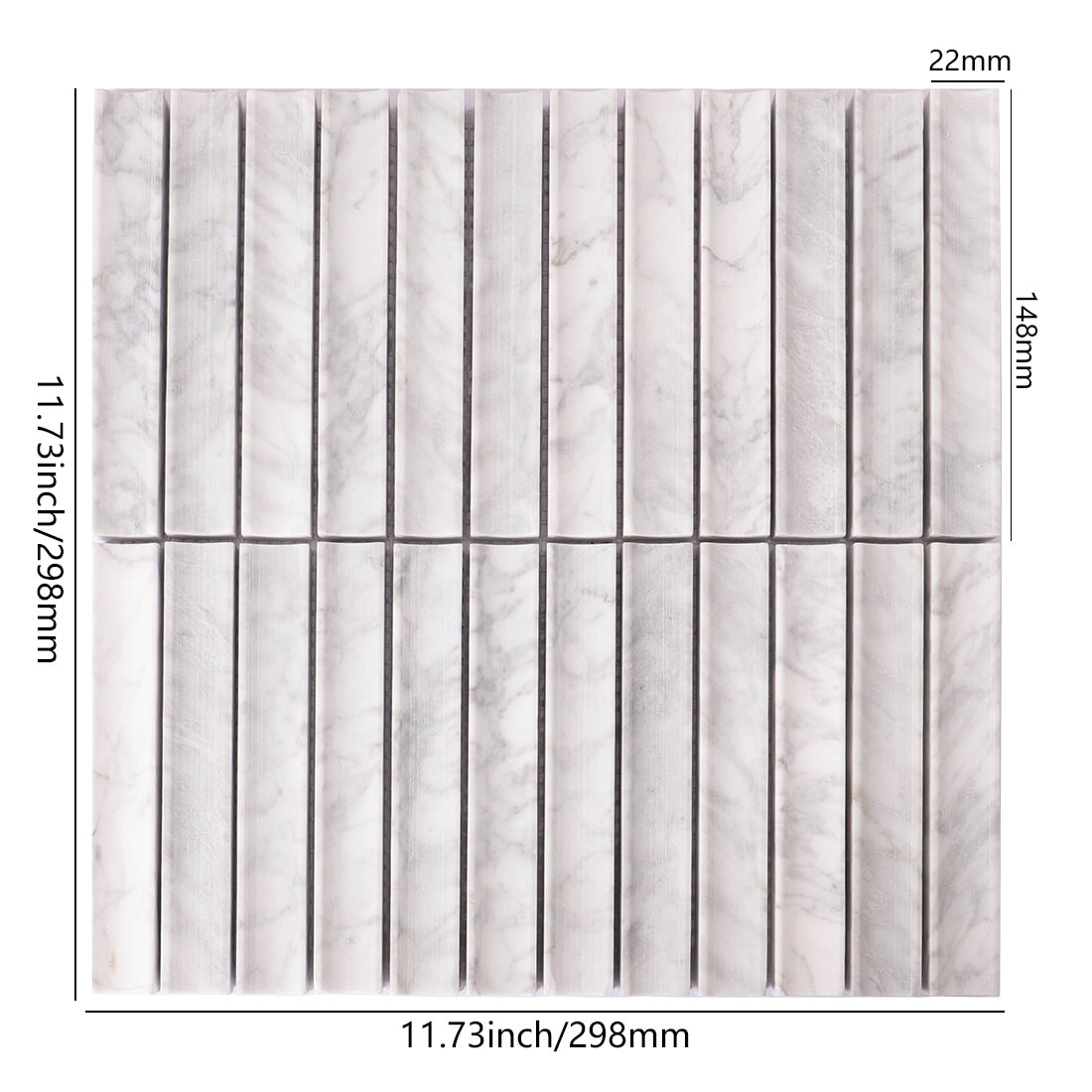 White marble vertical strip mosaic tile sheet with 22 x 148 mm chip dimensions